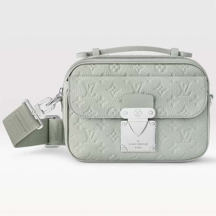 Louis Vuitton LV Unisex S Lock Messenger Mineral Gray Embossed Taurillon Monogram Cowhide Leather Handbag