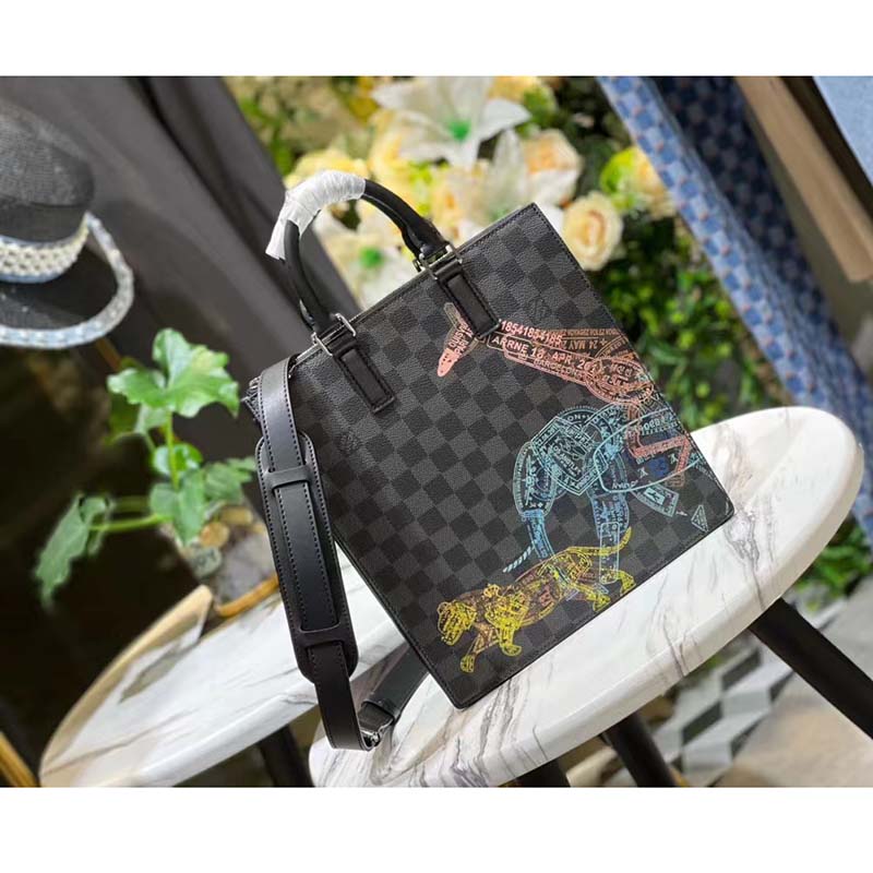 Louis Vuitton LV Unisex Sac Plat Cross Damier Graphite Coated Canvas Handbag