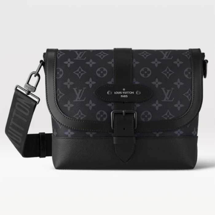 Louis Vuitton LV Unisex Saumur Messenger Monogram Eclipse Coated Canvas Black Leather Handbag