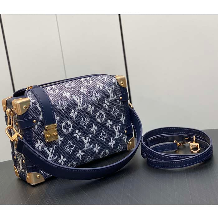 Louis Vuitton LV Unisex Side Trunk Blue Monogram Coated Canvas Cowhide Leather