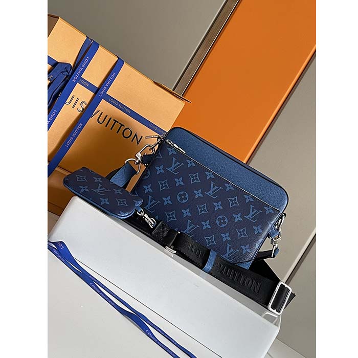 Louis Vuitton LV Unisex Trio Messenger Cobalt Blue Monogram Coated Canvas Taiga Cowhide Leather Handbag