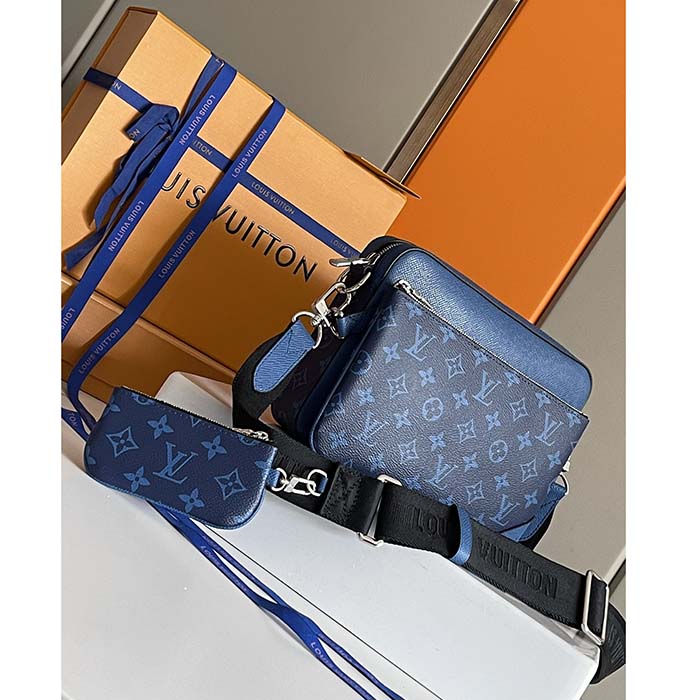 Louis Vuitton LV Unisex Trio Messenger Cobalt Blue Monogram Coated Canvas Taiga Cowhide Leather Handbag