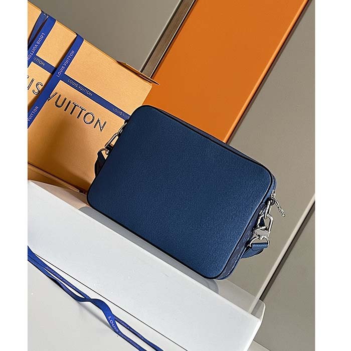 Louis Vuitton LV Unisex Trio Messenger Cobalt Blue Monogram Coated Canvas Taiga Cowhide Leather Handbag