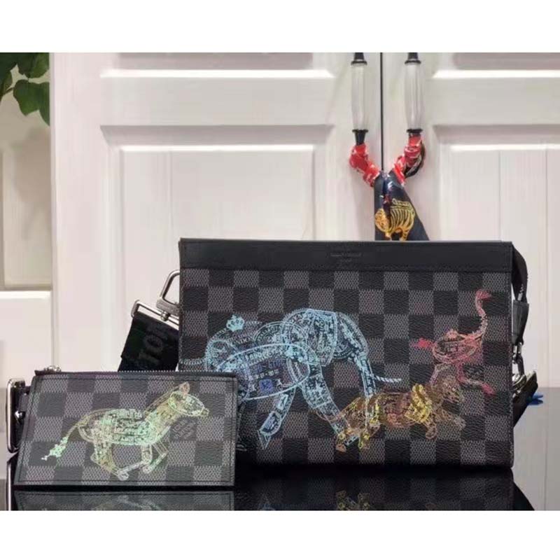 Louis Vuitton LV Unisex Trio Messenger Damier Graphite Coated Canvas Cowhide Leather Handbag