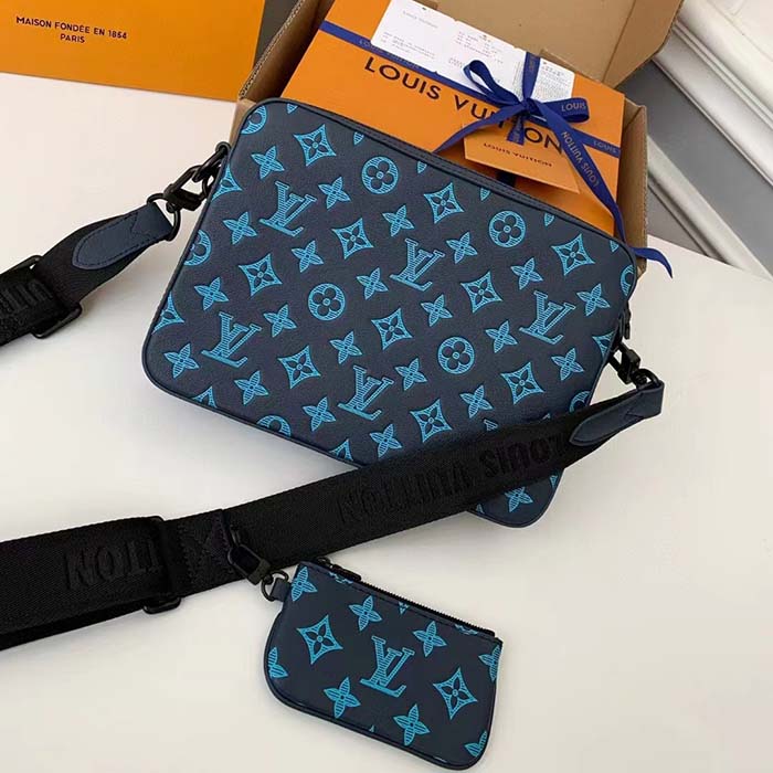 Louis Vuitton LV Unisex Trio Messenger Navy River Blue Calf Leather Textile Lining Handbag
