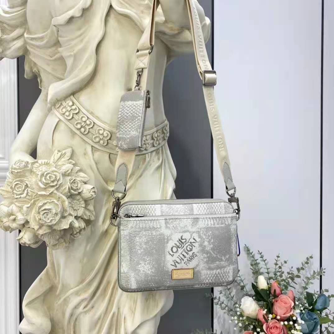 Louis Vuitton LV Unisex Trio Messenger Stone Gray Damier Salt Canvas Cowhide Leather Handbag