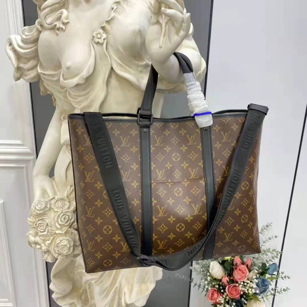 Louis Vuitton LV Unisex WeekEnd Tote GM Monogram Macassar Coated Canvas Cowhide Leather