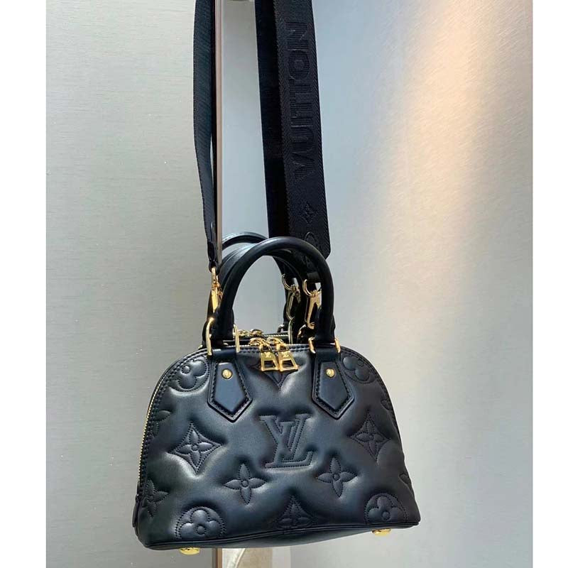 Louis Vuitton LV Women Alma BB Handbag Black Quilted Embroidered Smooth Calf
