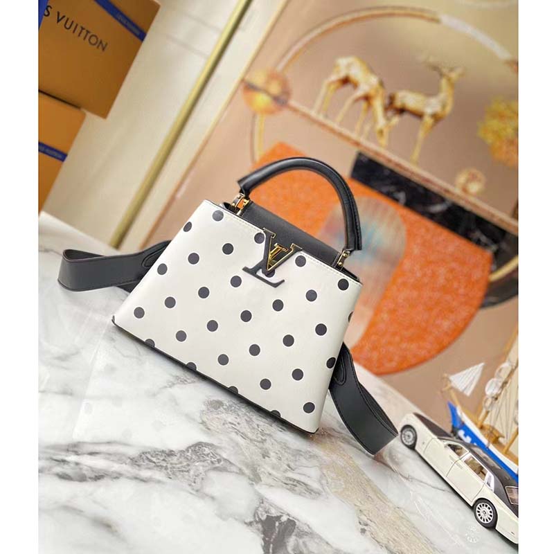 Louis Vuitton LV Women Capucines BB Black White Calfskin Cowhide Leather Handbag