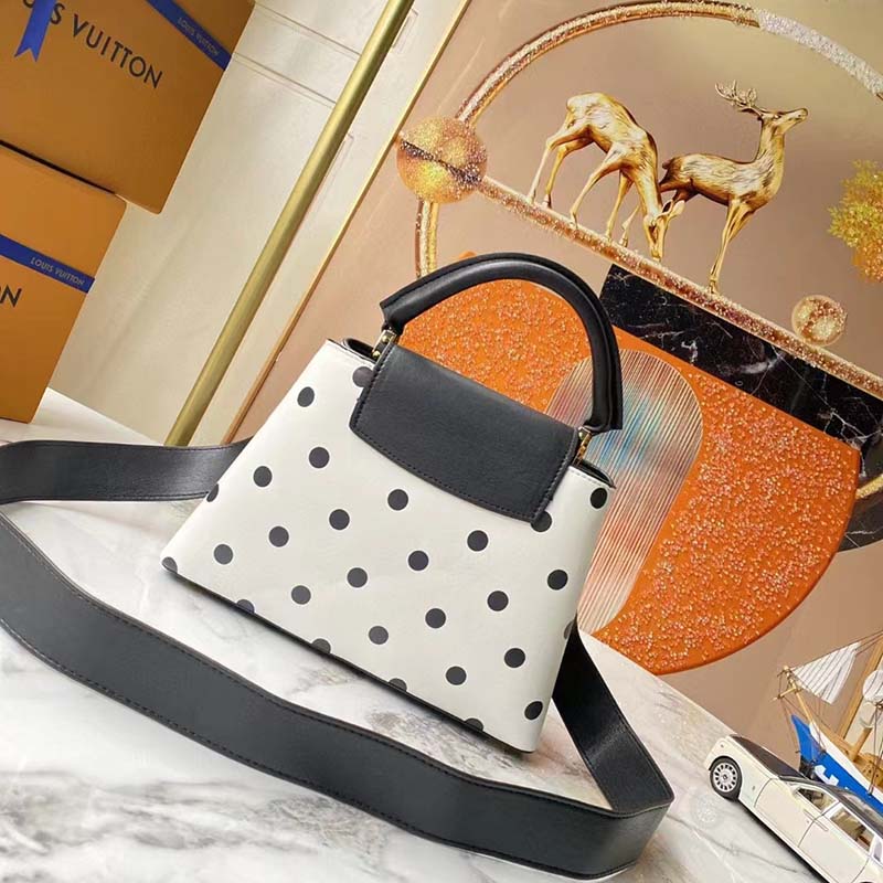 Louis Vuitton LV Women Capucines BB Black White Calfskin Cowhide Leather Handbag