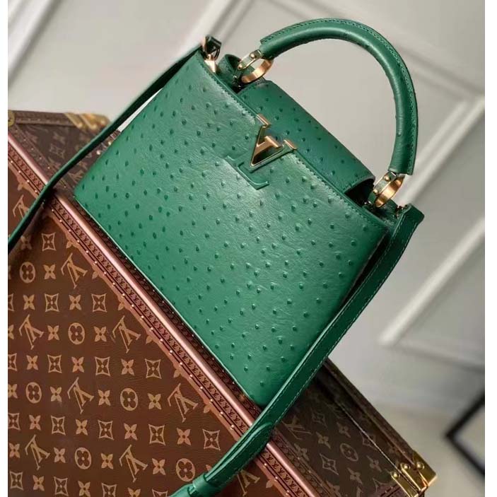 Louis Vuitton LV Women Capucines BB Menthe Mint Ostrich Leather Monogram Flower Handbag