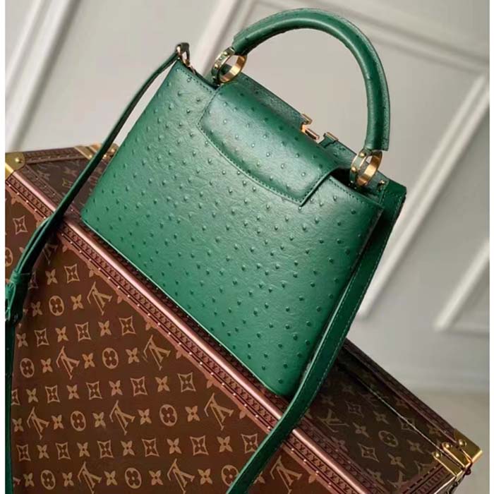Louis Vuitton LV Women Capucines BB Menthe Mint Ostrich Leather Monogram Flower Handbag