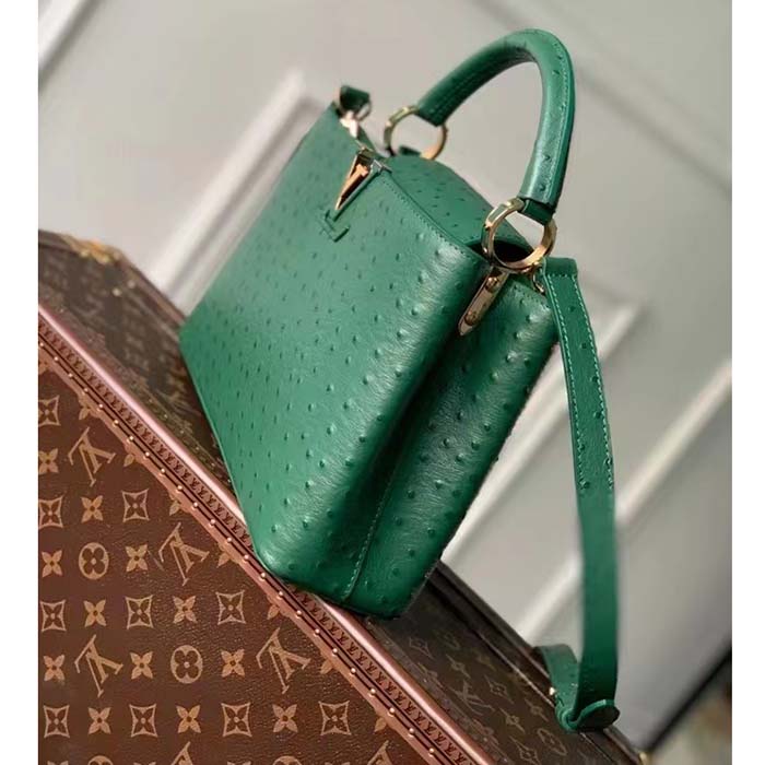 Louis Vuitton LV Women Capucines BB Menthe Mint Ostrich Leather Monogram Flower Handbag