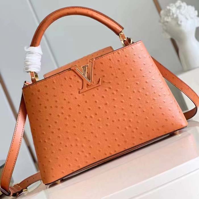 Louis Vuitton LV Women Capucines BB Orange Menthe Mint Ostrich Leather Monogram Flower Handbag