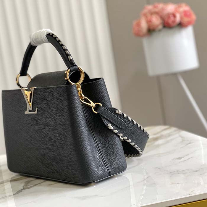 Louis Vuitton LV Women Capucines MM Handbag Black Etain Metallic Gray Taurillon Leather