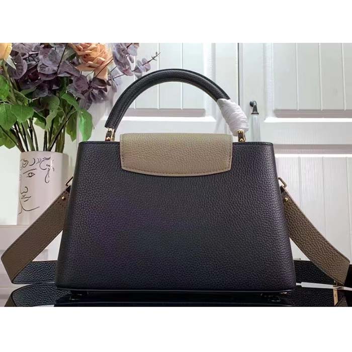 Louis Vuitton LV Women Capucines MM Handbag Black Fin Cognac Taurillon Cowhide Leather