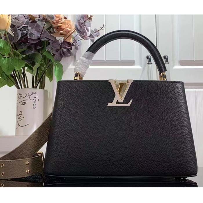 Louis Vuitton LV Women Capucines MM Handbag Black Fin Cognac Taurillon Cowhide Leather