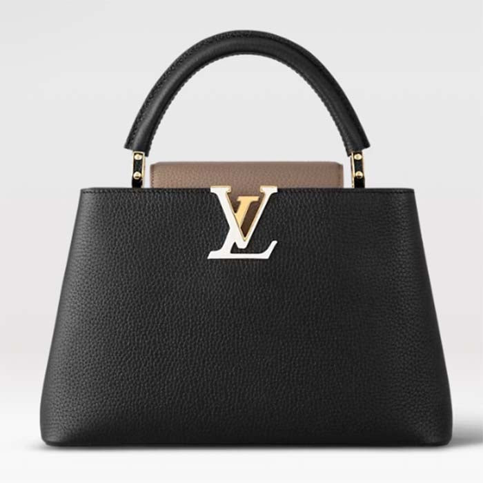 Louis Vuitton LV Women Capucines MM Handbag Black Fin Cognac Taurillon Cowhide Leather