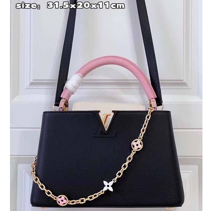 Louis Vuitton LV Women Capucines MM Handbag Black Pink Taurillon Leather