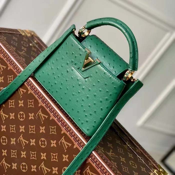Louis Vuitton LV Women Capucines Mini Menthe Mint Ostrich Leather Monogram Flower Handbag