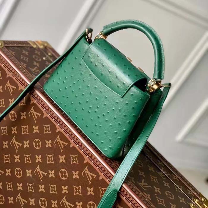 Louis Vuitton LV Women Capucines Mini Menthe Mint Ostrich Leather Monogram Flower Handbag