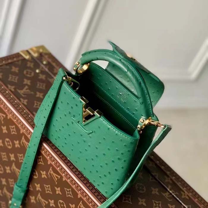 Louis Vuitton LV Women Capucines Mini Menthe Mint Ostrich Leather Monogram Flower Handbag