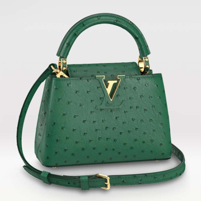 Louis Vuitton LV Women Capucines Mini Menthe Mint Ostrich Leather Monogram Flower Handbag