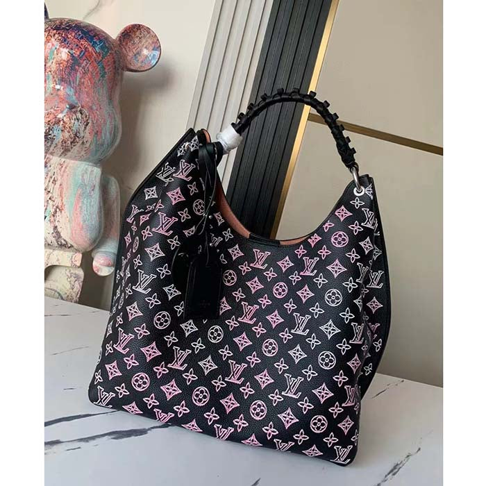 Louis Vuitton LV Women Carmel Hobo Bag Black Perforated Mahina Calf Leather