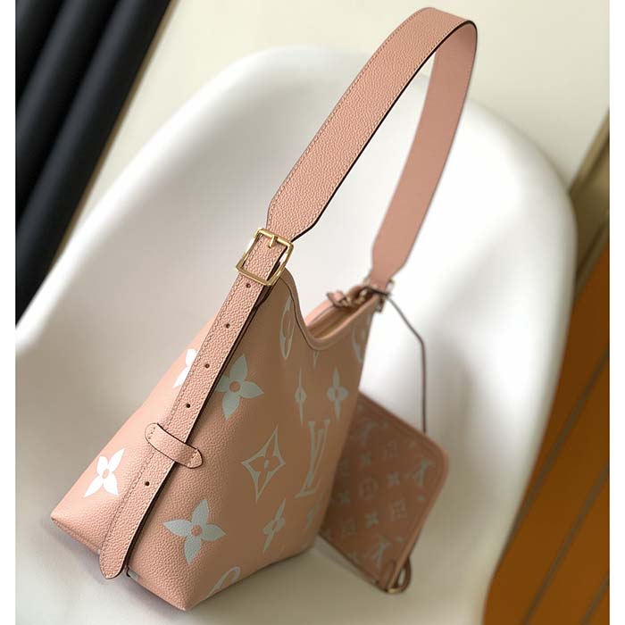 Louis Vuitton LV Women CarryAll PM Bag Pink Beige Embossed Supple Grained Cowhide Leather