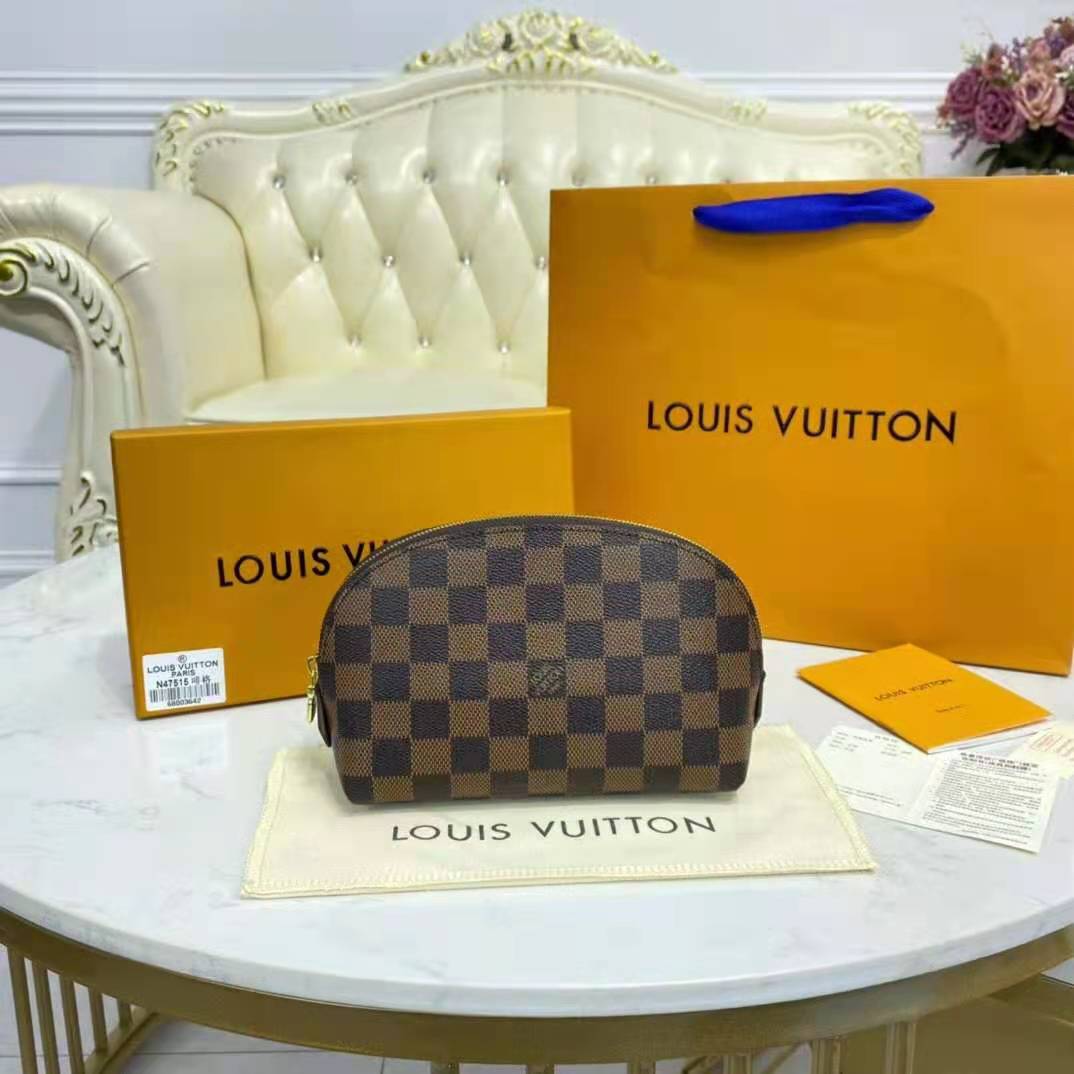 Louis Vuitton LV Women Cosmetics Pouch Damier Coated Canvas Golden Brass Clutch