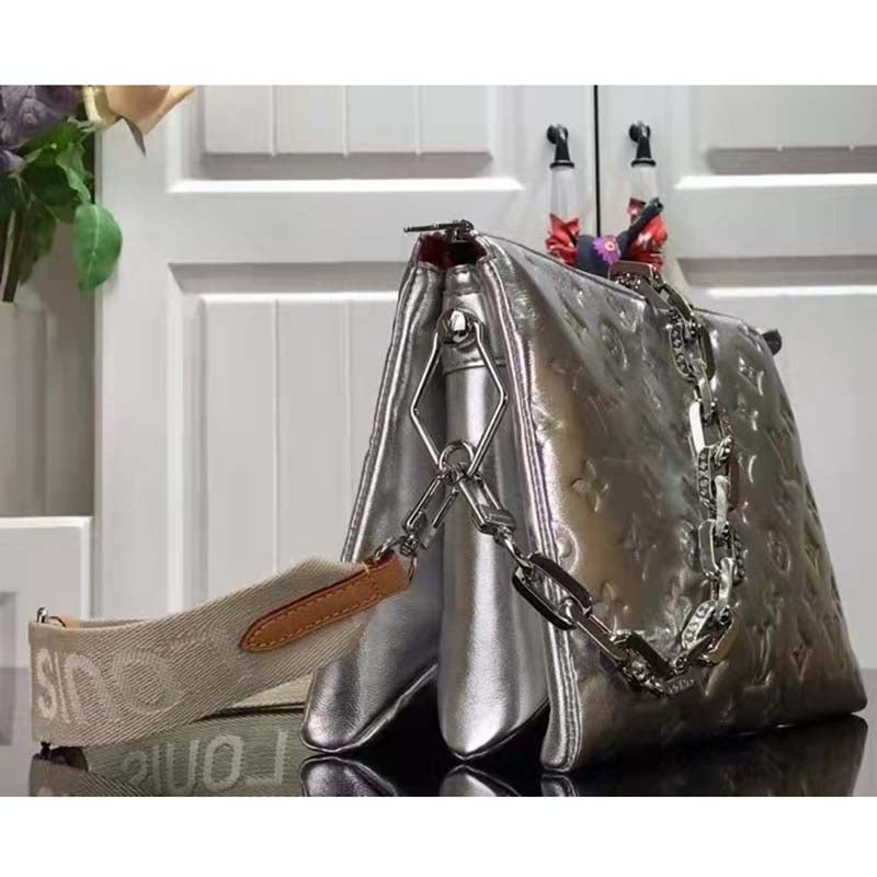 Louis Vuitton LV Women Coussin BB Handbag Silver Monogram Embossed Puffy Lambskin