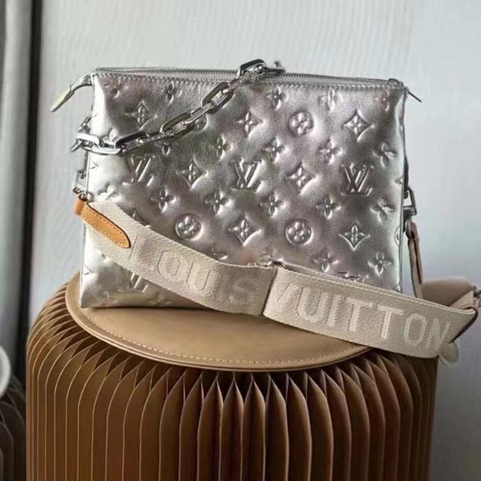 Louis Vuitton LV Women Coussin PM Handbag Silver Lambskin Cowhide Lining