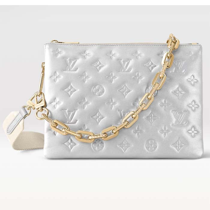 Louis Vuitton LV Women Coussin PM Handbag Silver Lambskin Cowhide Lining