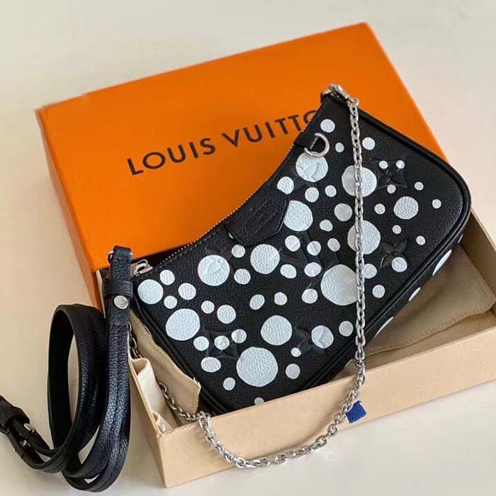 Louis Vuitton LV Women Easy Pouch On Strap Black White Embossed Grained Monogram Cowhide Clutch
