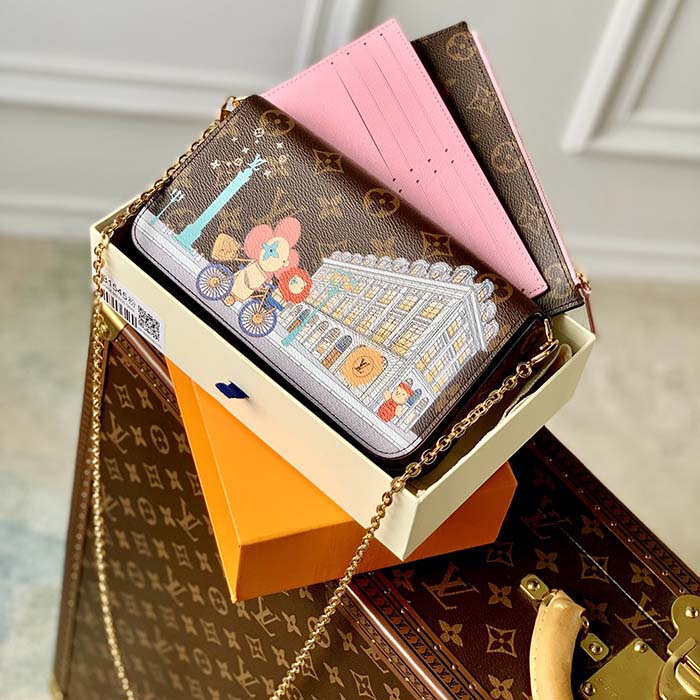 Louis Vuitton LV Women Félicie Pochette Pink Brown Monogram Coated Canvas Clutch