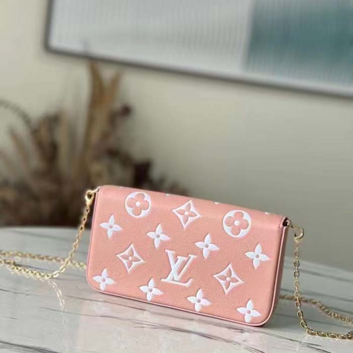 Louis Vuitton LV Women Félicie Pochette Pink Cream Monogram Empreinte Embossed Supple Grained Cowhide Clutch