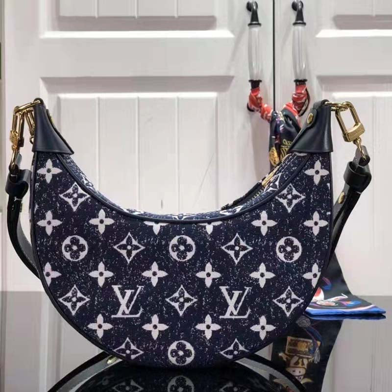 Louis Vuitton LV Women Half-Moon Loop Baguette Handbag Navy Blue Jacquard