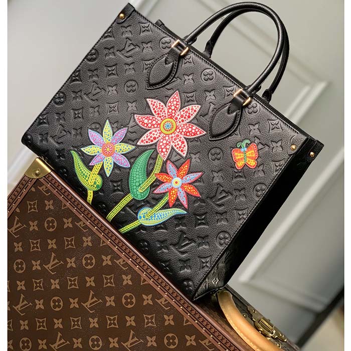 Louis Vuitton LV Women LV x YK OnTheGo MM Black Embossed Grained Monogram Cowhide Leather Flower Tote