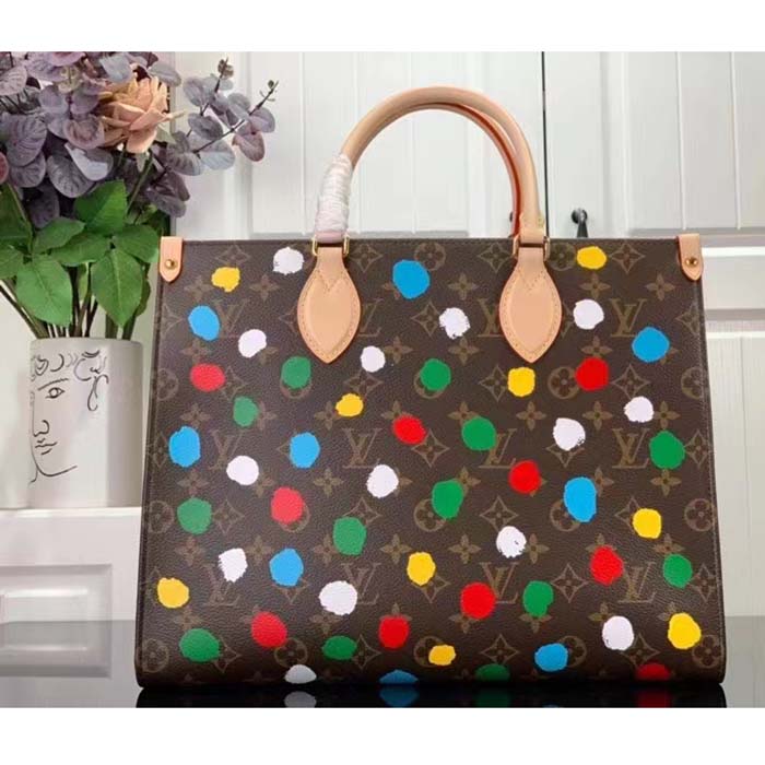 Louis Vuitton LV Women LV x YK OnTheGo MM Monogram Coated Canvas 3D Painted Dots Print Tote