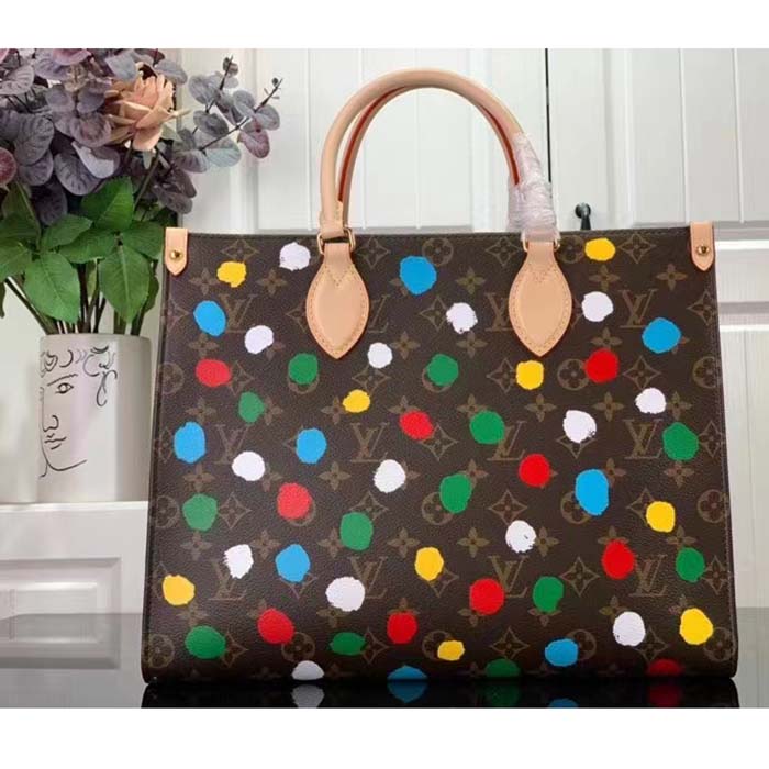 Louis Vuitton LV Women LV x YK OnTheGo MM Monogram Coated Canvas 3D Painted Dots Print Tote