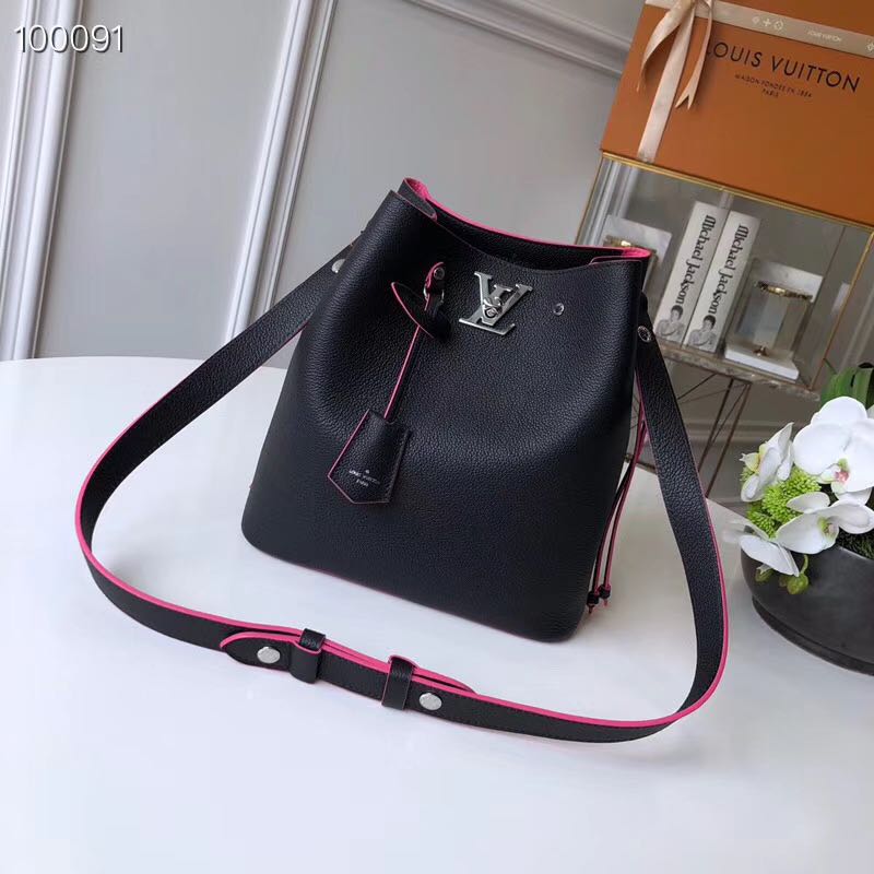 Louis Vuitton LV Women Lockme Bucket Bag in Calfskin Lether-Black