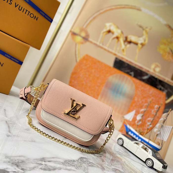 Louis Vuitton LV Women Lockme Tender Pochette Trianon Pink Quartz White Grained Calf Clutch