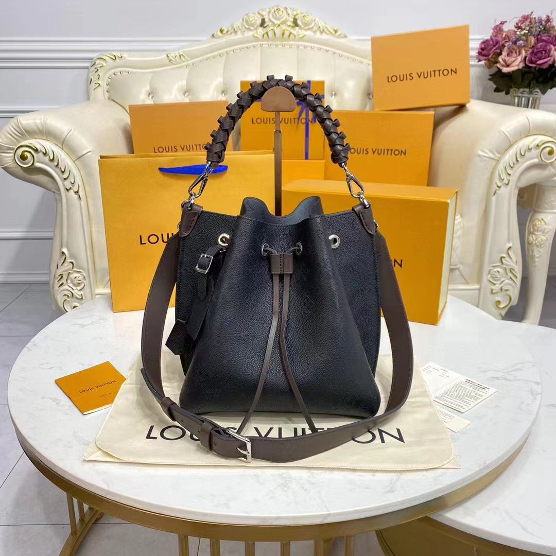 Louis Vuitton LV Women Muria Bucket Bag Black Mahina Perforated Calf Leather