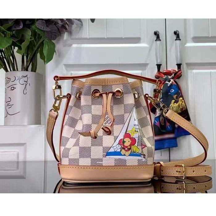 Louis Vuitton LV Women Nano Noé Bucket Bag Dragon Fruit Pink Damier Azur Coated Canvas