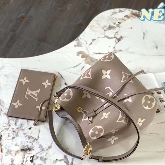 Louis Vuitton LV Women NéoNoé MM Bucket Bag Tourterelle Gray Cream Embossed Grained Cowhide Leather