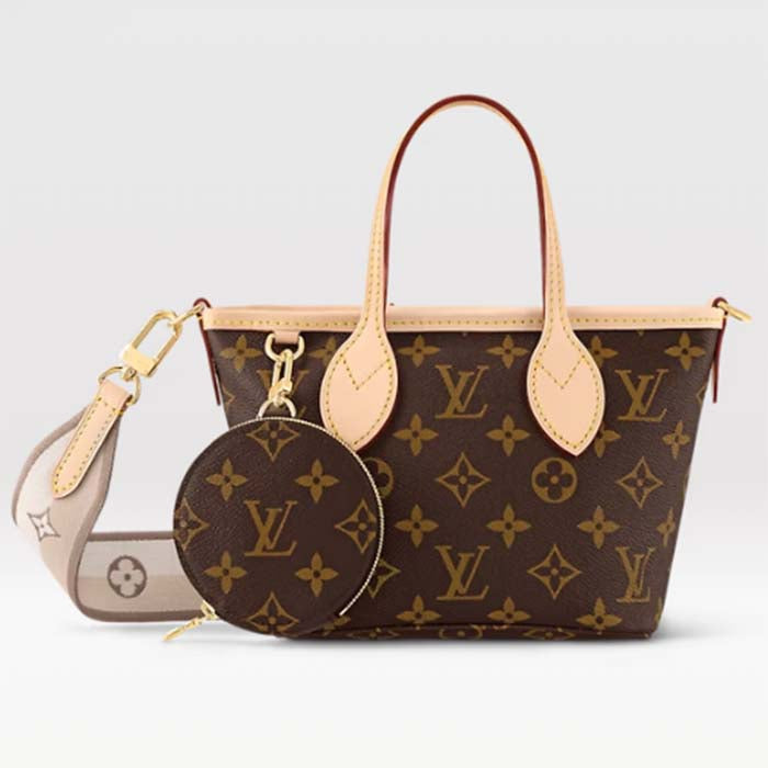 Louis Vuitton LV Women Neverfull BB Beige Monogram Coated Canvas Natural Cowhide Leather Tote