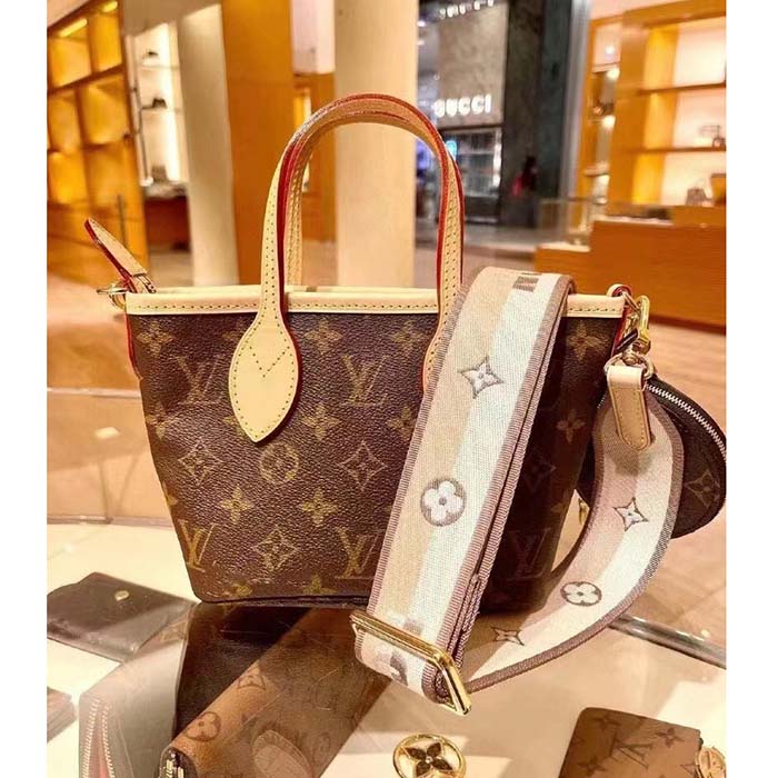 Louis Vuitton LV Women Neverfull BB Beige Monogram Coated Canvas Natural Cowhide Leather Tote