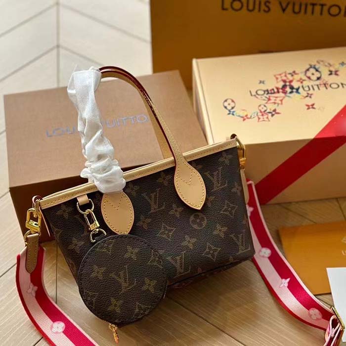 Louis Vuitton LV Women Neverfull BB Peony Pink Monogram Coated Canvas Natural Cowhide Leather Tote