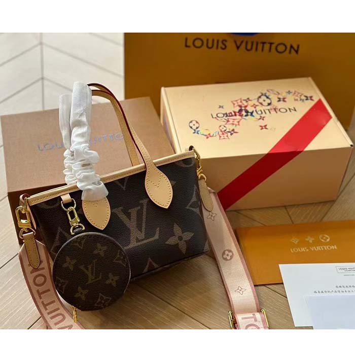 Louis Vuitton LV Women Neverfull BB Peony Pink Monogram Coated Canvas Natural Cowhide Leather Tote