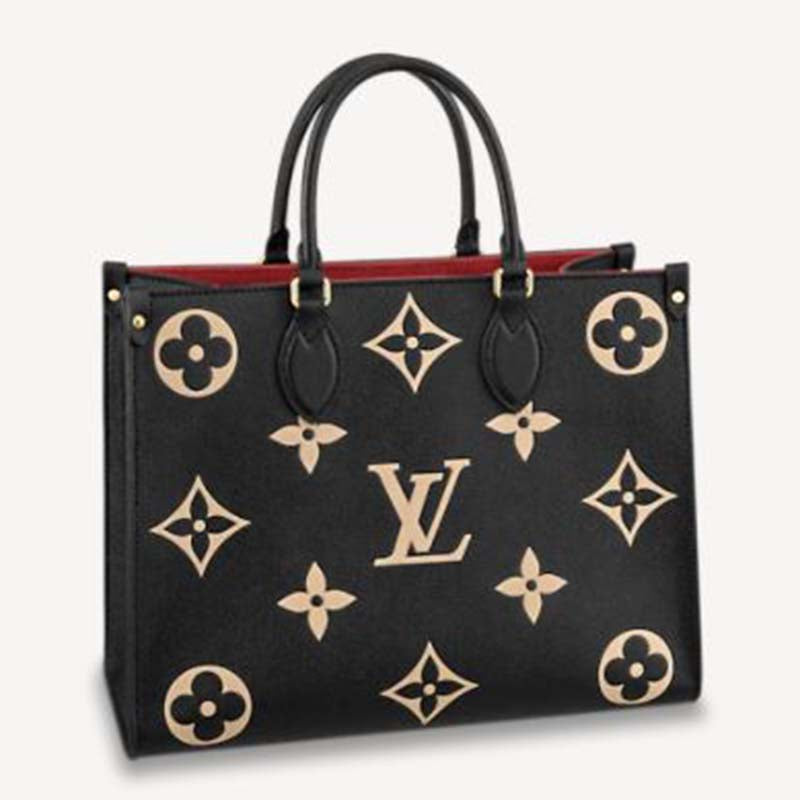Louis Vuitton LV Women OnTheGo MM Black Beige Embossed Grained Cowhide Leather Tote